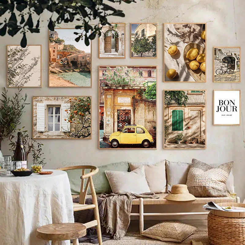 

Nordic Europe Town Casual Landscape Canvas Painting House Beach Courtyard Sunlight Car Poster Lemon Bohemian Living Room Decor