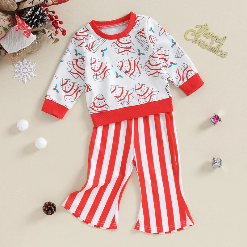 

Рождественская одежда для маленьких девочек, свитшот с длинным рукавом и рисунком рождественской елки, полосатые расклешенные брюки, комплект одежды из 2 предметов