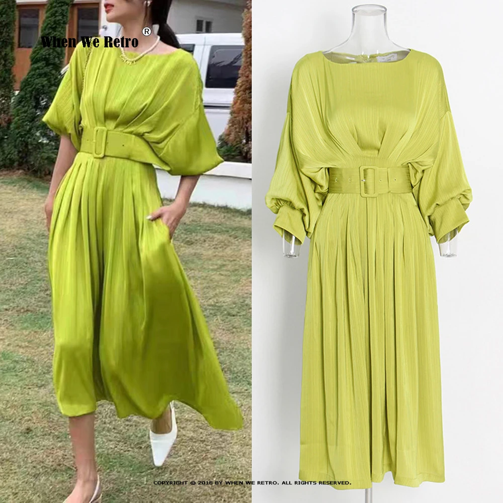 Elegant Solid Green Long Dress Lantern Sleeve Slash Neck High Quality Party Dresses With Belts Summer Pleated Vestidos VP0034