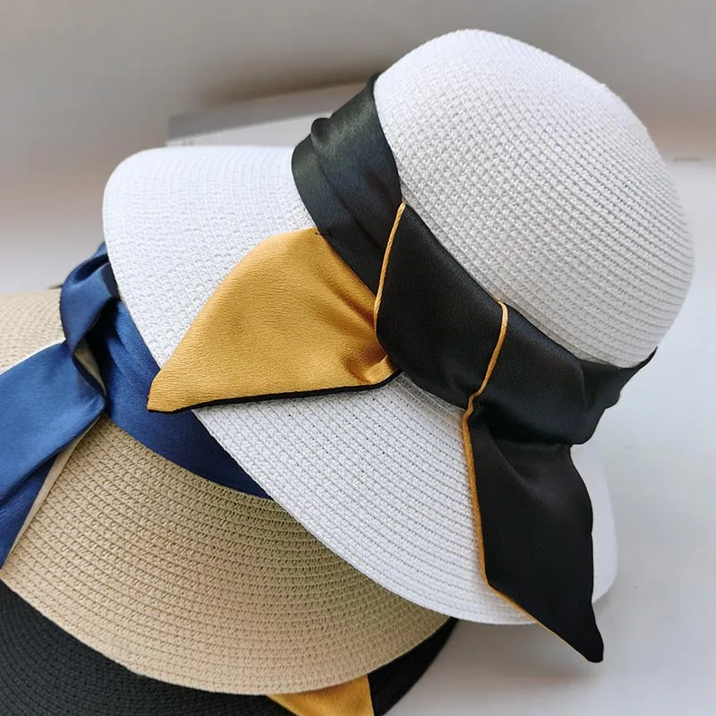 Summer Hats For Women New Arrivals double-sided ribbon bow Sun hat Beach cap fashion  summersolid Sun Portection basin hat