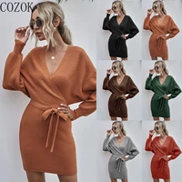 2022 autumn and winter new womens sweater v neck batwing sleeve knitted dress dress for women winter dress