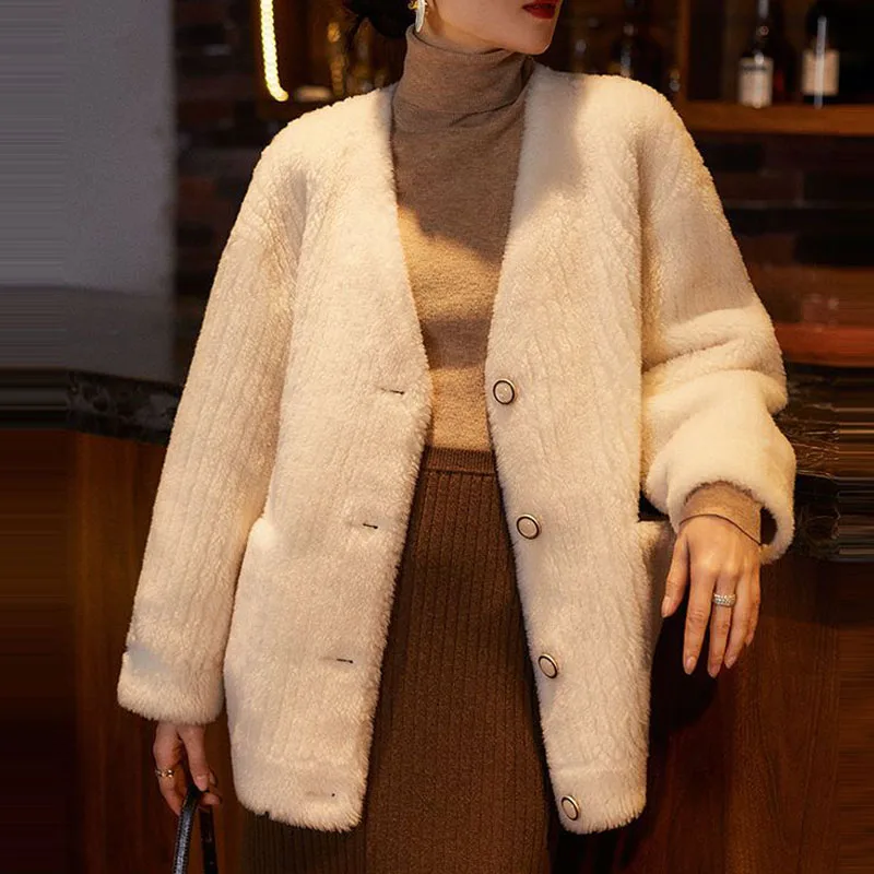 Parkas Women's Outdoors Coats 2022 Winter Faux Fur Cashmere Single Breasted Splicing V-Neck Cardigan Casual Warm Jackets Woman