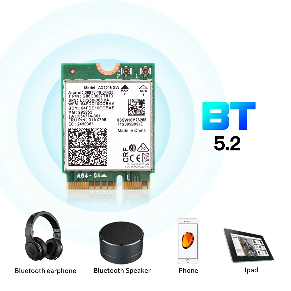 Фото WiFi-карта WiFi 6 AX201, двухдиапазонная, 2,4G/5 ГГц, Bluetooth 5,2, беспроводная карта 802.11ax M.2 NGFF Wlan, Wi-Fi-карта для ноутбука, ПК, Win 10/11 №4