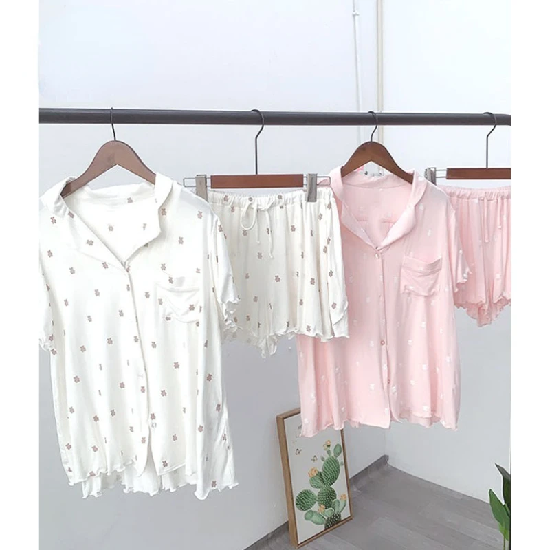 Pajamas for Women Thin Cool Feeling Silk Cotton Short-sleeve Shorts Sleepwear Suit Fairy Style Cardigan Loungewear with Lapel