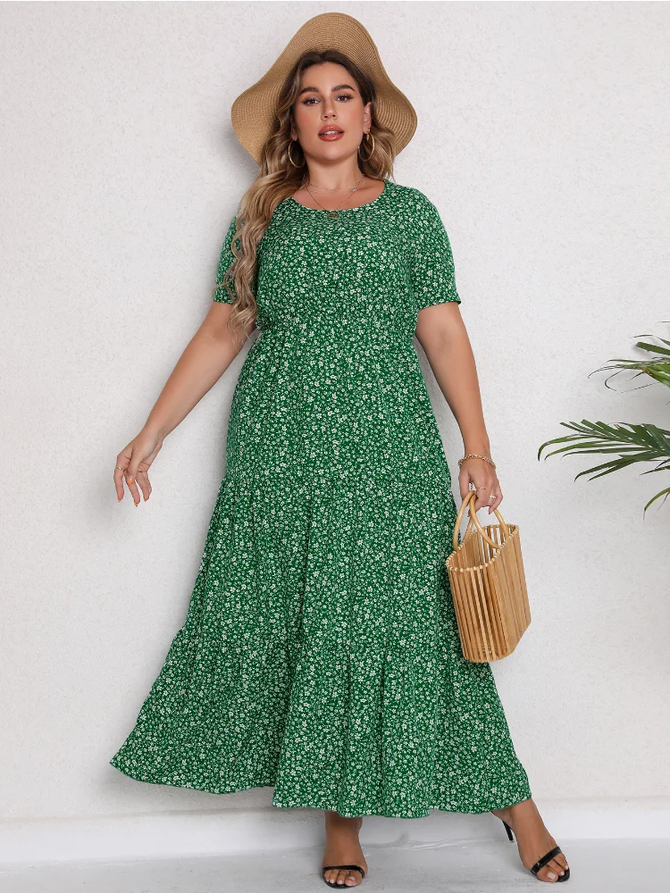 Plus size women summer new short-sleeved round neck dress long skirt plus size dresses summer dress women