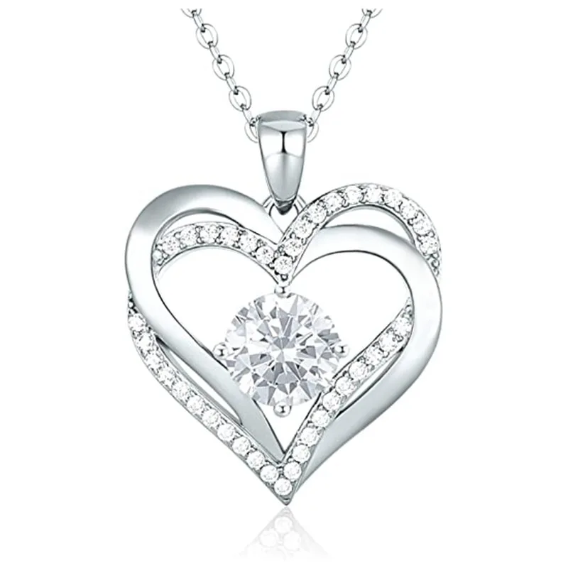 

New Trendy Silver Plated Double Layer Heart Pendant Necklaces For Women White CZ Stone Inlay Fashion Jewelry Wedding Party Gift