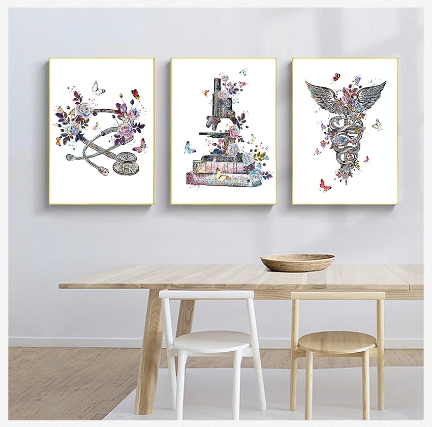 

Печать на холсте стетоскоп кадуцеус микроскоп постер клиника настенное Искусство Декор врач подарок медицинское устройство Акварельная художественная живопись