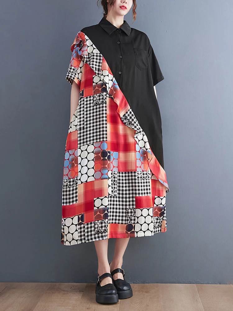 

Женское платье-рубашка в клетку, с коротким рукавом