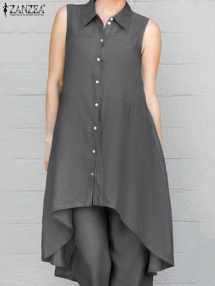 

ZANZEA Women Summer Suit 2PCS Lapel Solid Sleeveless Blouse Ankle Length Pant Femme Fashion Causal Loose Holiday Matching Sets