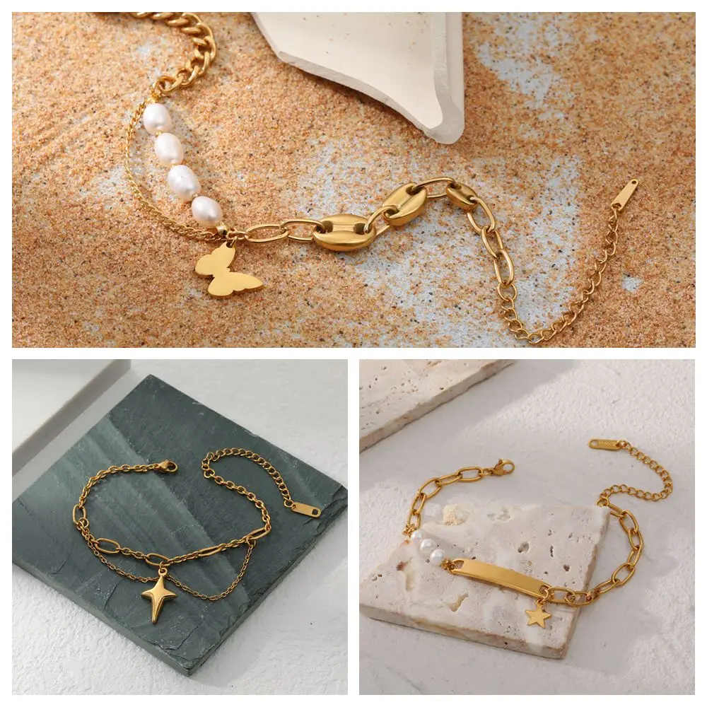 

18K Gold Plated Stainless Steel Bracelets For Women Ladies Butterfly Stars Waterproof Fade Resistant Hand Jewelry 2022