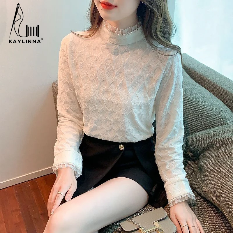 KAYLINNA Blouse Women Office Lady Half High Collar Beading Casual Shirts Long Sleeves Female Woman Blouses Shirt Tops Women's