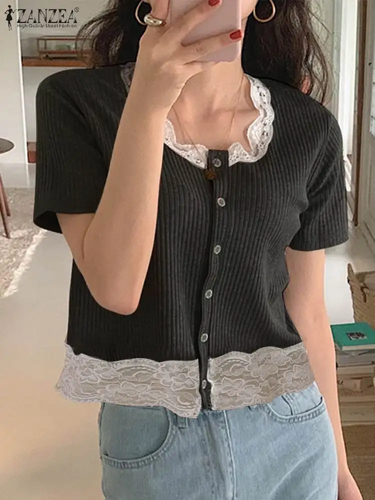 

ZANZEA Korean Fashion T-shirts Women Casual Lace Trim Ribbed Tops 2023 Summer Short Sleeve Black Tees Elegant Sweet Shirts