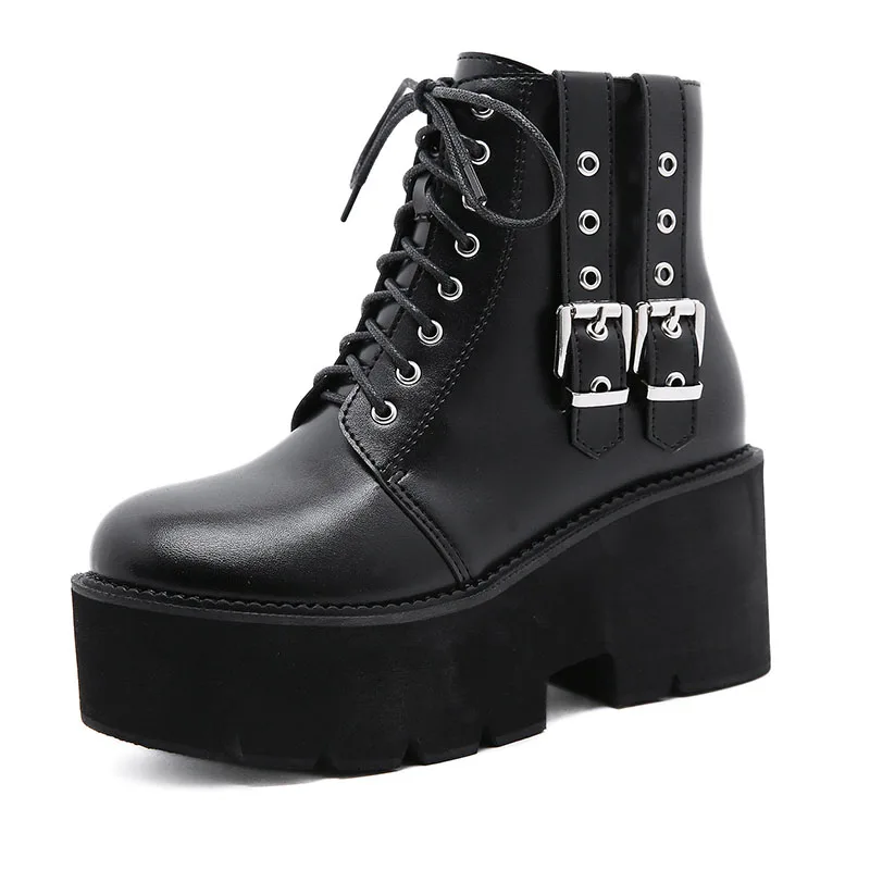 

women casual punk goth footwear knight boots soft leather platform shoes ladies high heels boot double buckle motorcycle botas