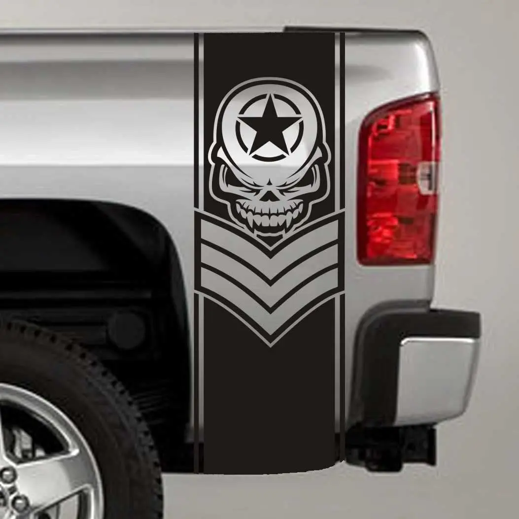 

Jeepazoid SkunkMonkey - Truck Bed Stripe Decal - Chevron Army Star Skull Universal Fit - Matte Black Sticker - (Pair - Left and