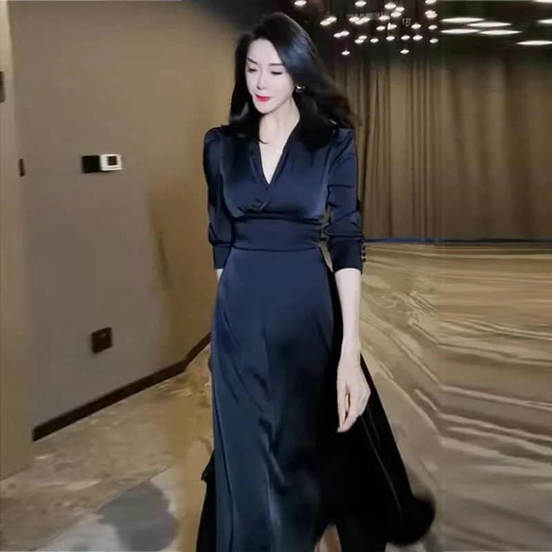 

Commuter Workplace Senior Feeling Light Familiar Style Waist Black Dress Children Rich Lady Celebrity Spring Autumn Long Dress