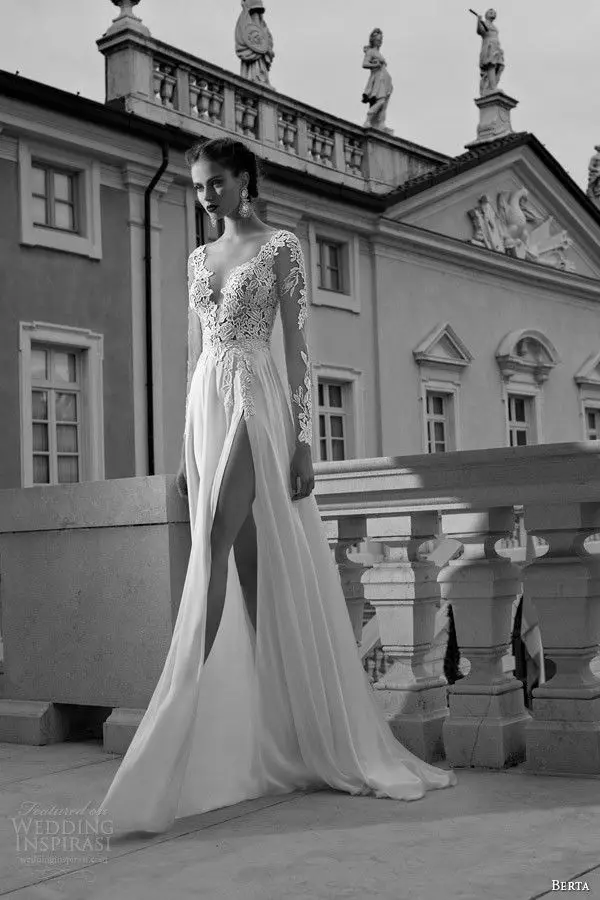 

New Listing V-Neck Long Sleeve vestido de noiva Side High Slit Lace party prom Bridal Gown 2018 mother of the bride dresses