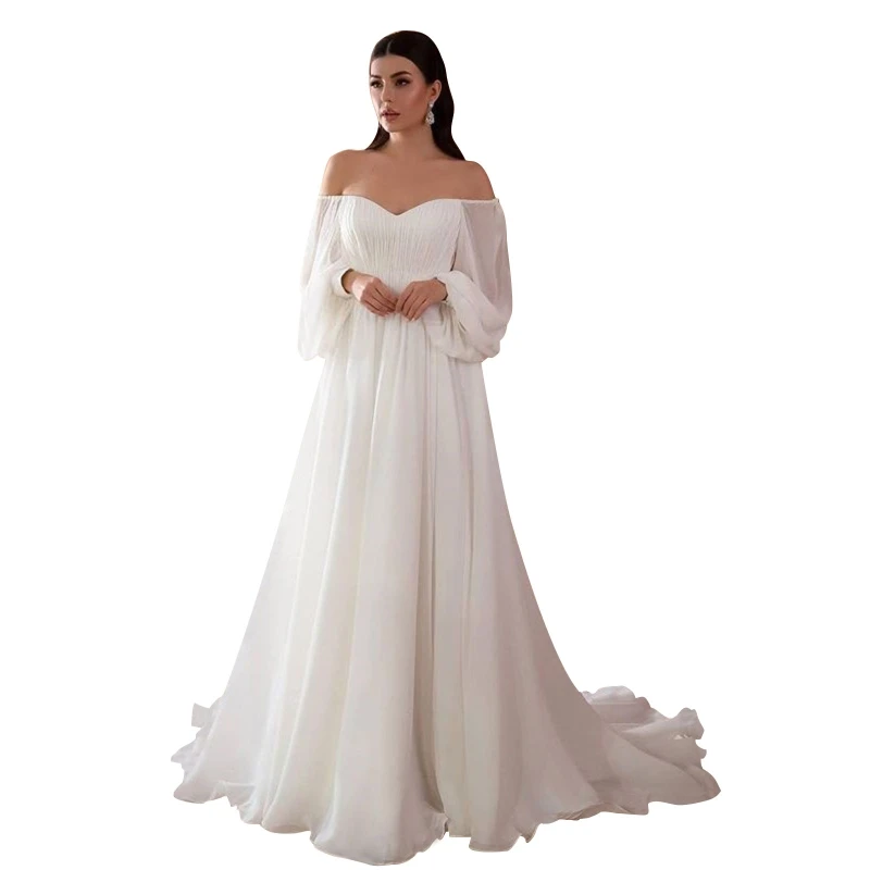 

Off Shoulder Dress Women Bride Fashion Elegant Vintage Puff Sleeve Elastic High Waist White Maxi Long Evening Party Gown