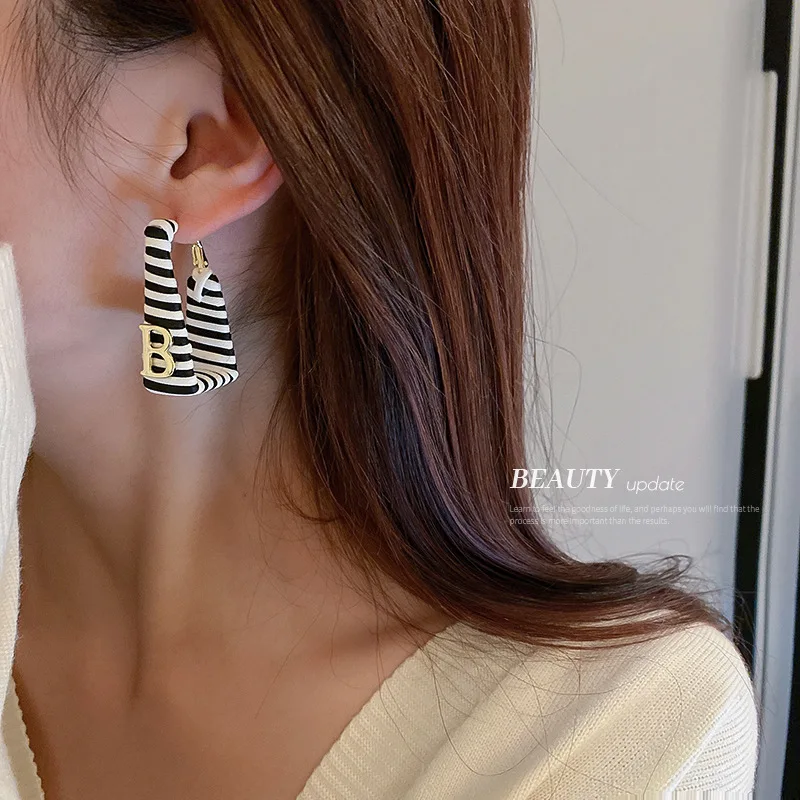 

925 Silver Needle Square Leather Black And White Stripe Letter Earrings Japanese Korean Personality Versatile Tempe