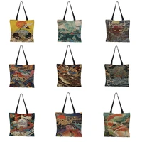 japanese ukiyo e painting shoulder bags for women reusabe linen tote bag large capacity street style vintage shopping bag female