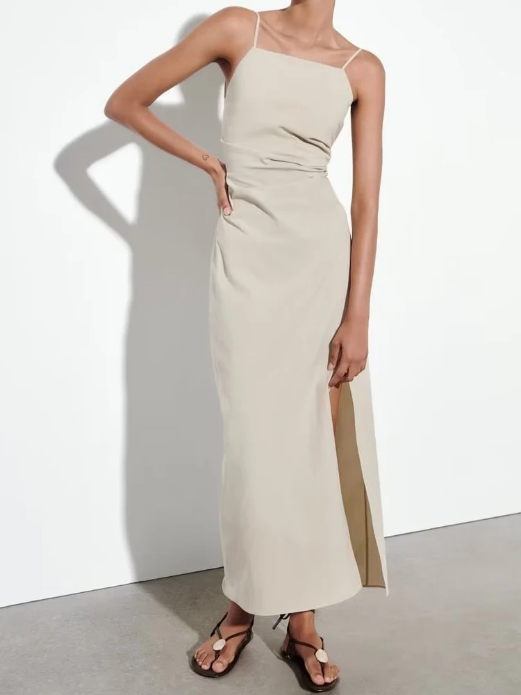

TRAFZA Summer Women Elegant Sexy Sleeveless Backless Mid Length Dress Fashion Ruched Lace Up Slip Slim Party Evening Dress Woman