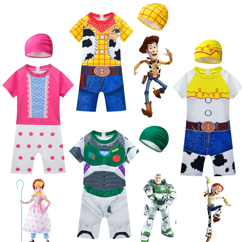 

Woody Jessie Swimwear Kids Beach Wear One Piece Swimming Sets Baby Girls Buzz Lightyear Bo Peep Swimsuit Children's Bathing Suit