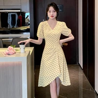 yellow polka dot print korean dress for women v neck puff sleeves slim pleated midi dress 2022 summer elegant office lady dress