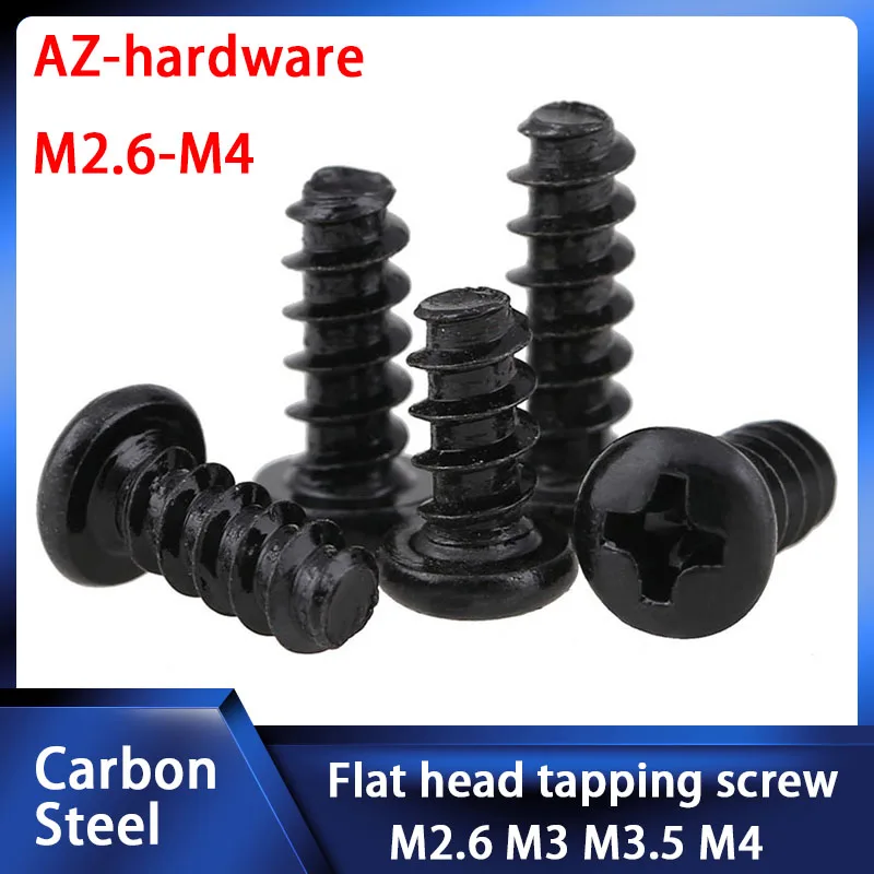 

GuHua Black Philips Pan Head Flat Tail Self Tapping Mini Screw PB Cross Round Head Flat End Tapping Screws M2.6M3M3.5M4 50PCS