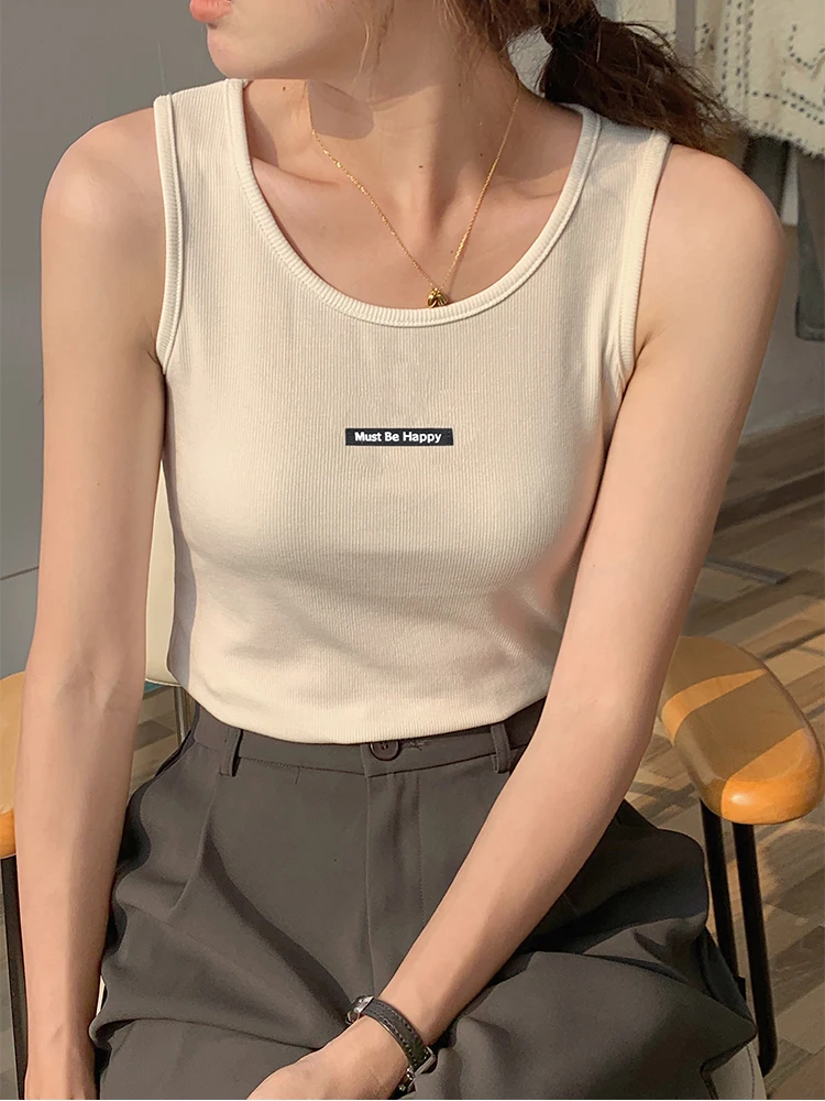 

JMPRS Summer Women Tanks Elastic Slim Fashion Letter Cotton Crop Tops Black Yoga Sports Vest Joggers Korean Ladies Camis New