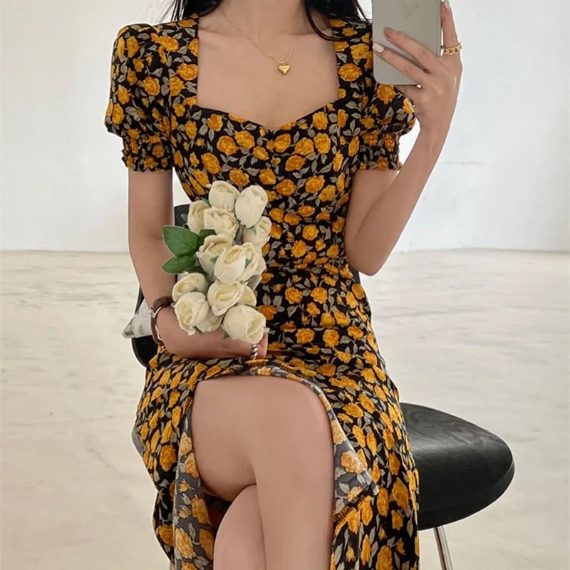 

Женское платье в стиле ретро с цветочным принтом, летнее платье с квадратным вырезом, сексуальное уличное платье, пуловер с коротким рукаво...
