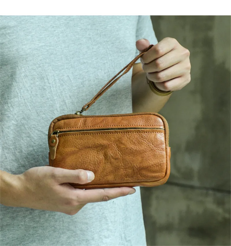 Outdoor casual natural genuine leather men's trumpet clutch bag simple high quality soft real cowhide women's phone wallet