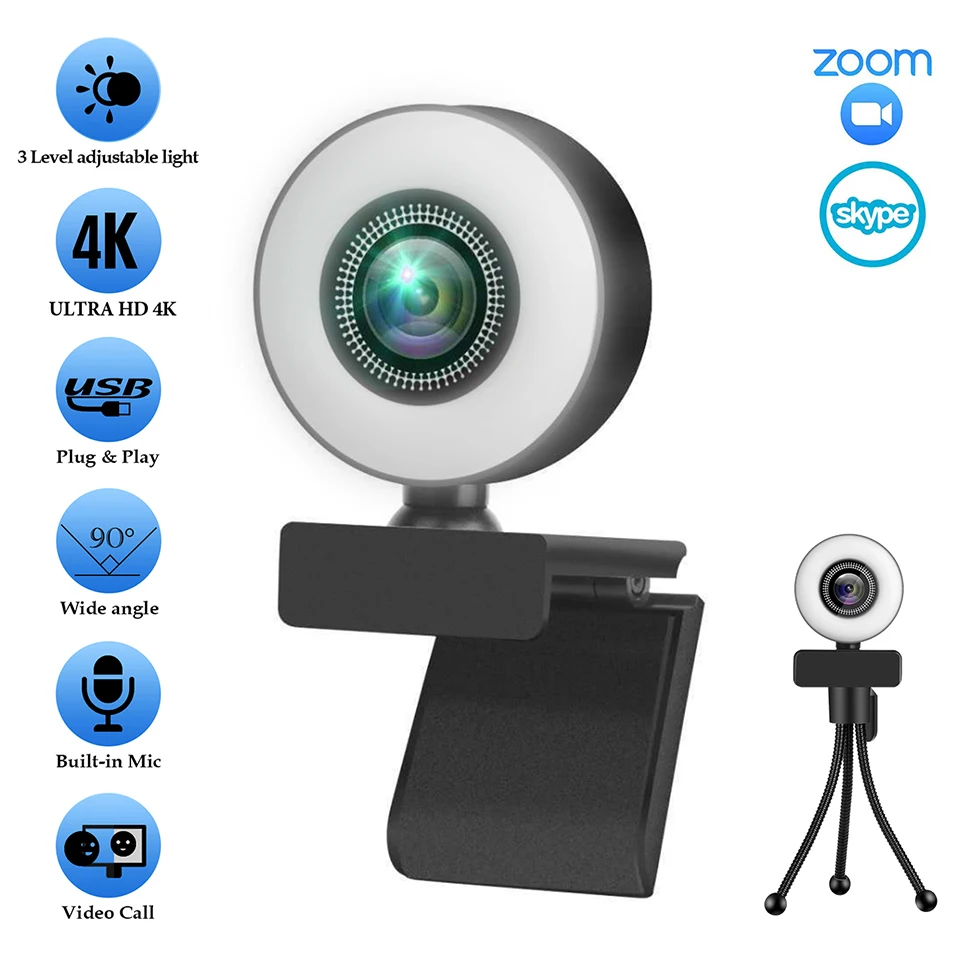 

1080P 2K 4K HD Webcam with Ring Fill Light Laptop PC Computer Live Broadcast Camera Video Web Camera Microphone Web Cam