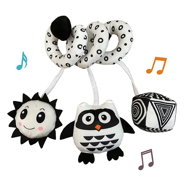 Hanging Toys Car Seat Crib Mobile Infant Baby Spiral Plush Bed Stroller Bar Black and White Color Toy with Rattles BB Squeaker 1