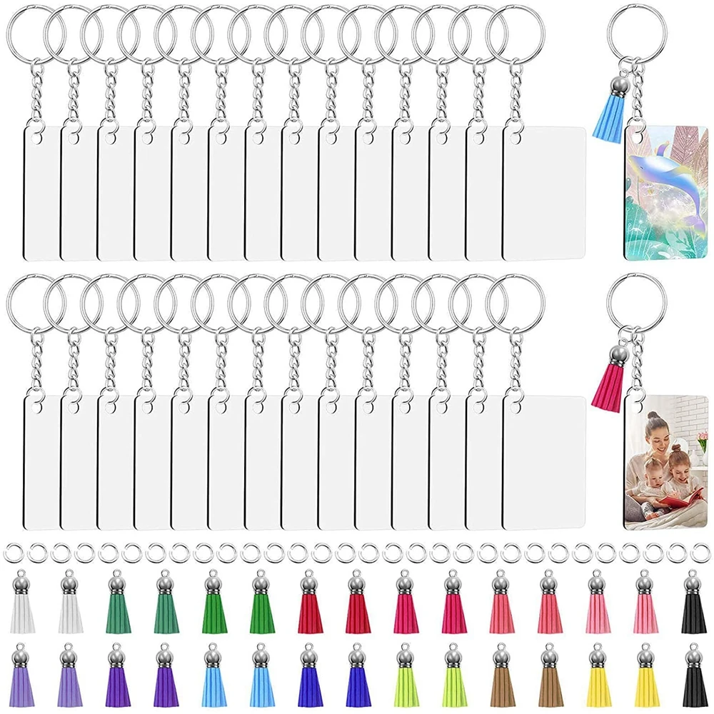 

90/120pcs Acrylic Keychain Blanks Tassel Charms Set Including Clear Acrylic Ornaments Blank Key Rings With Jump Rings DIY Craft