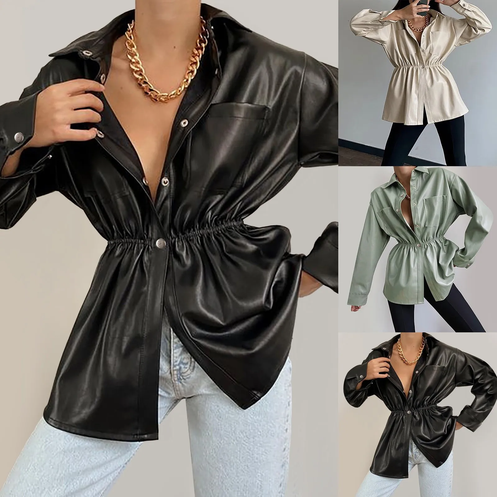 

Women’s Faux PU Leather Jacket Lapel Button Up Blazer Biker Coat Jackets for Women Fashion