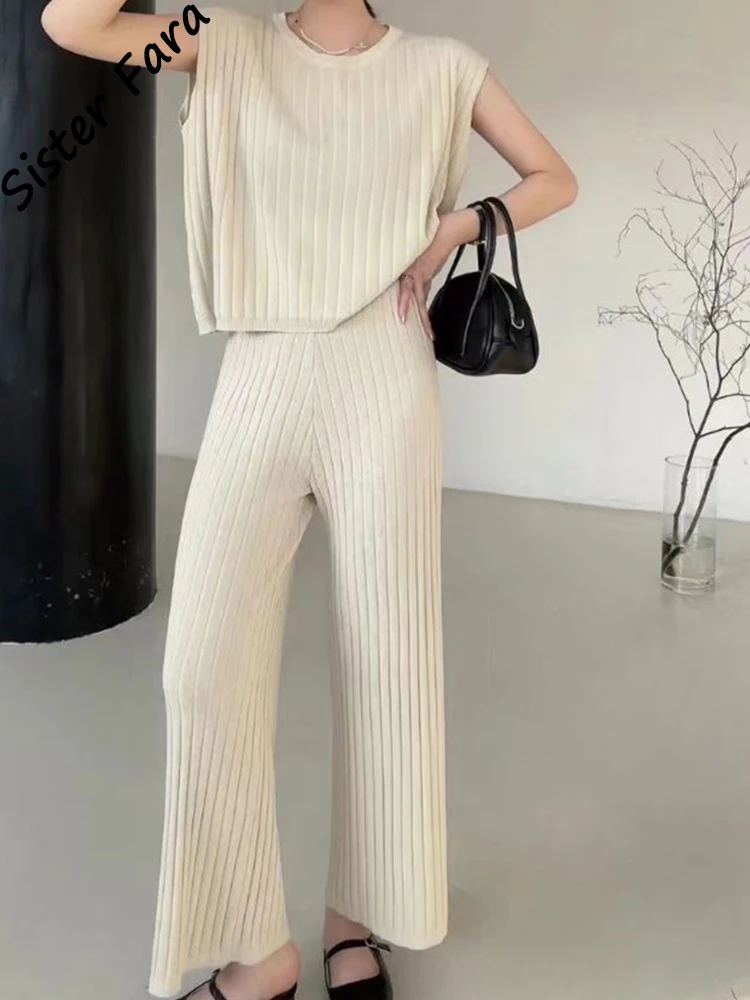 

Sister Fara Lazy Simple Knitted Sleeveless Sweater Two-Piece Pants Women Summer Ice Silk Casual Wide-Leg Pants Two Piece Set