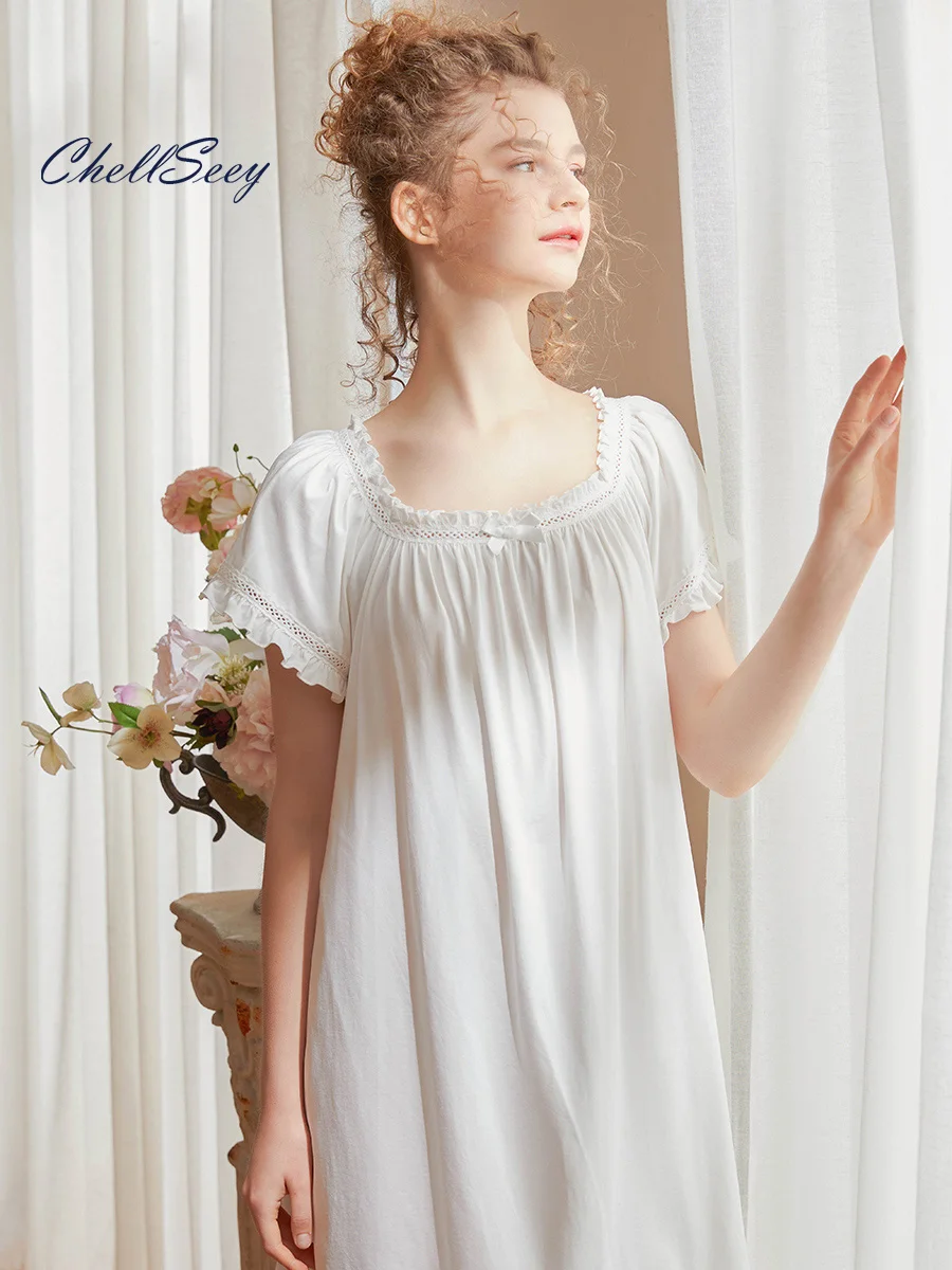 

Chellseey Summer Pajamas Nightdress Round Neck Thin Comfortable Short Sleeve Section Cute Sweet Loose Cotton Can Be Worn Outside