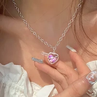 sparkling pink heart zircons necklace charm women girl fashion creative hollow geometric clavicle chain bride jewelry gifts