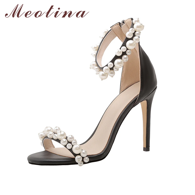 

Meotina Women Ankle Strap Sandals Round Toe Thin High Heels Zipper Bead Sexy Ladies Design Wedding Shoes Summer Black White 45