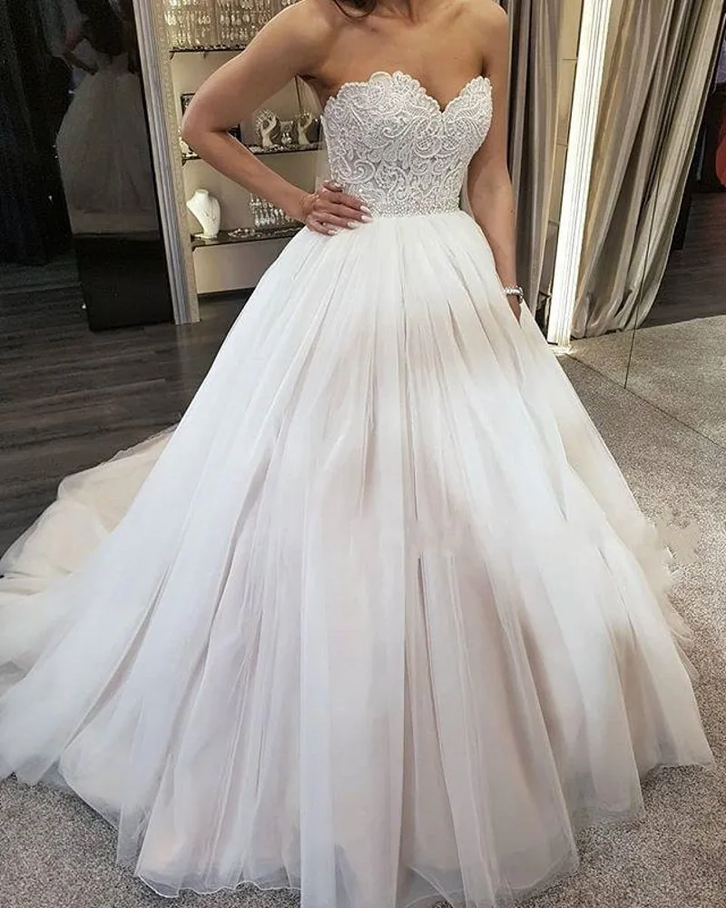 

Charming Sweetheart Pearl Lace Bodice Ball Gown New Wedding Dresses Backless Tulle vestido de noiva Bride Dress