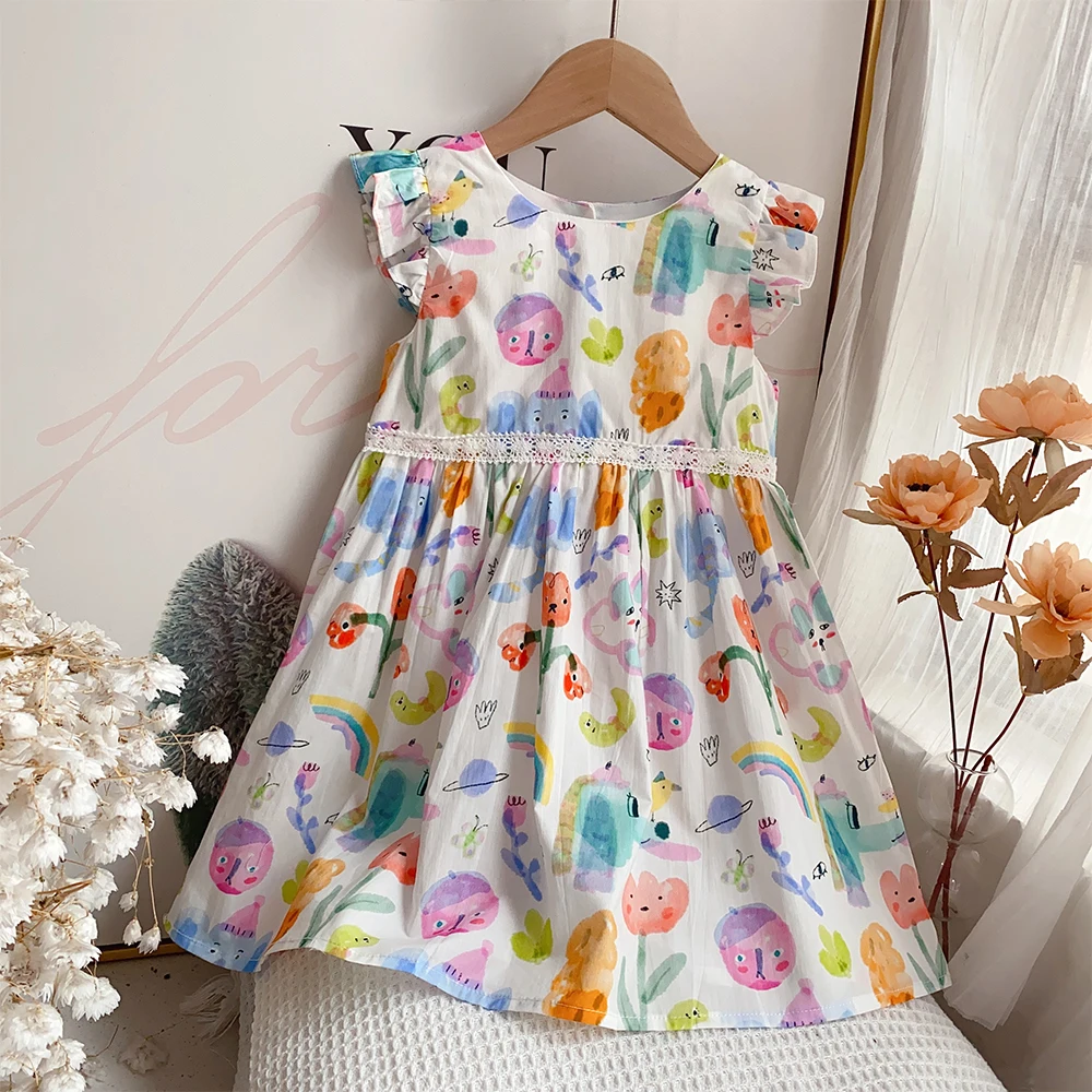 

Menoea/хлопковая одежда для малышей платья для девочек с принтом героев мультфильмов Новая летняя детская одежда с рукавами-крылышками милые кружевные платья принцессы