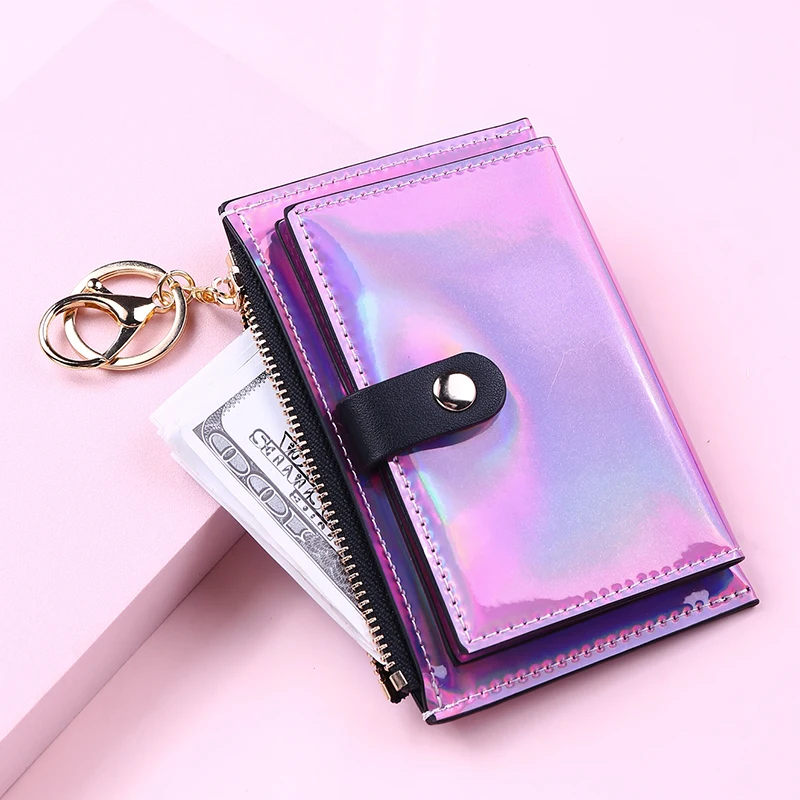 

New Laser PU Leather Wallets for Women 2022 Multi-card Sequined Short Two-fold Wallet Solid Color Zipper Buckle Coin Purse