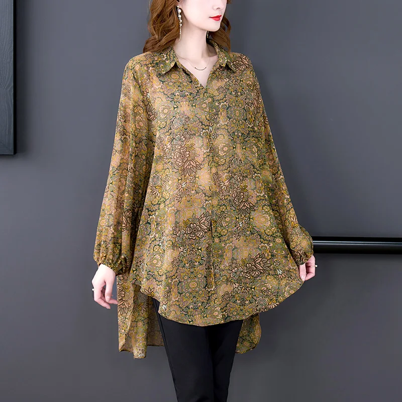 

SuperAen 2022 New Printed Chiffon Turn Down Collar Shirt Irregular Loose Sunscreen Jacket Casual Full Women Tops