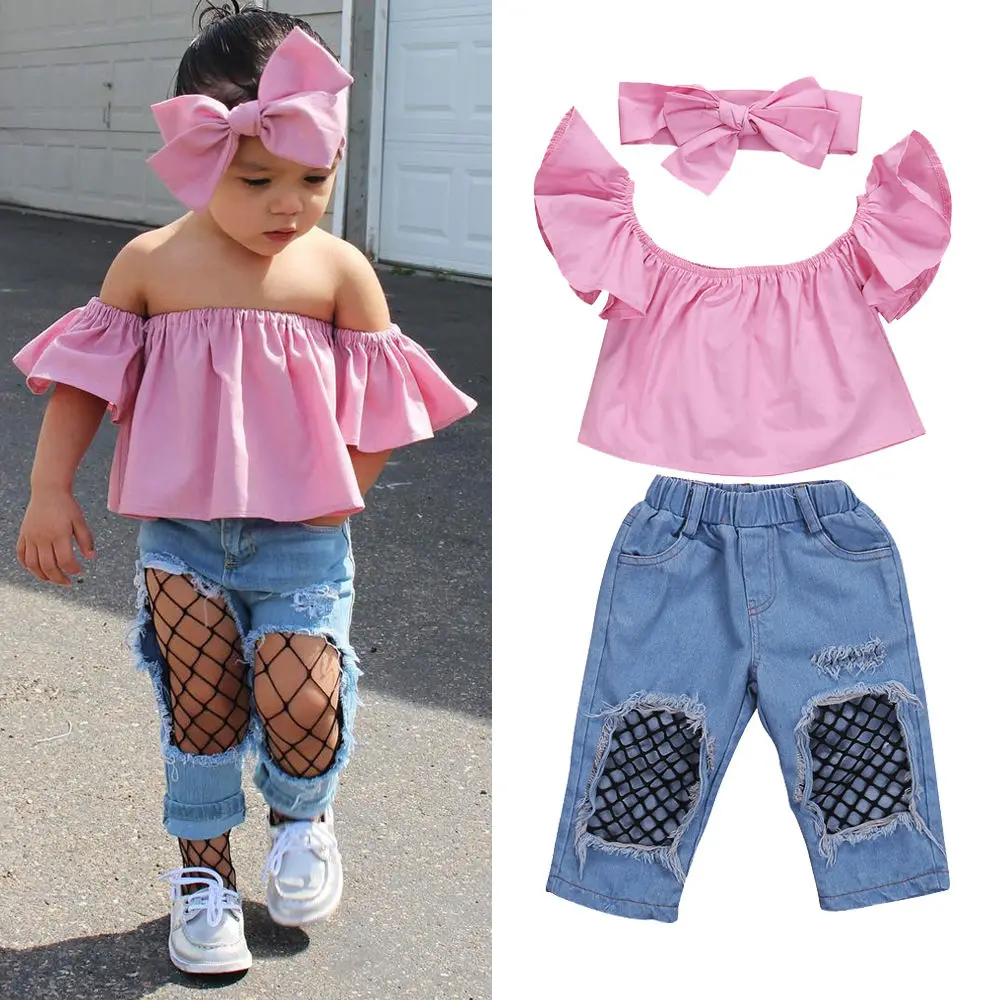 

2021 New Fashion Toddler Kids Girl Clothes Summer Off shoulder Pink T-shirt Tops+Hole Net Jean Denim Pant Headband 3PCS Outfits