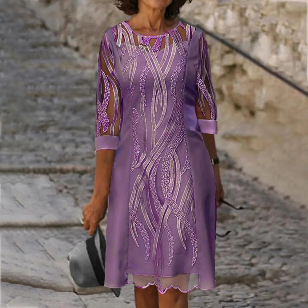

Loose Half Sleeve Above Knee Summer Dress Soft Breathable Round Necks Women Dress See-through Patchwork Pullover Lady Dress