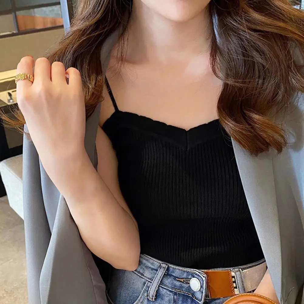 

Women Knitted Vest Low Collar Off Shoulder Elastic Stretchy Sleeveless Slim Solid Color Sling Women Sexy Camisole Club Wear