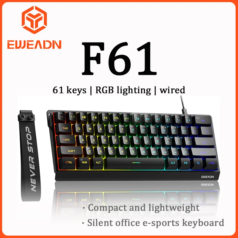 Фото EWEADN F61 Проводная бесшумная офисная клавиатура с раскладкой 61 клавишей RGB-подсветка Эргономичный дизайн Компактный и легкий порт Type-C №1