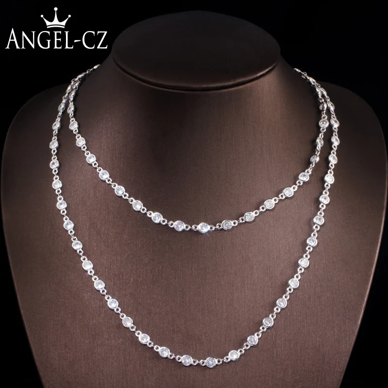 ANGELCZ Классический 4 мм Круглый Цирконий двухслойный чокер ожерелье высокого качества Женская Роскошная Мода Длинная цепочка Ювелирные изделия AN020