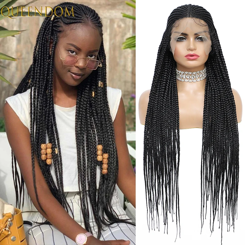 Synthetic Knotless Cornrow Box Braid Lace Front Women's Wig 36 Inch Long Natural Black Free Part Box Braid Lace Front Wig Female