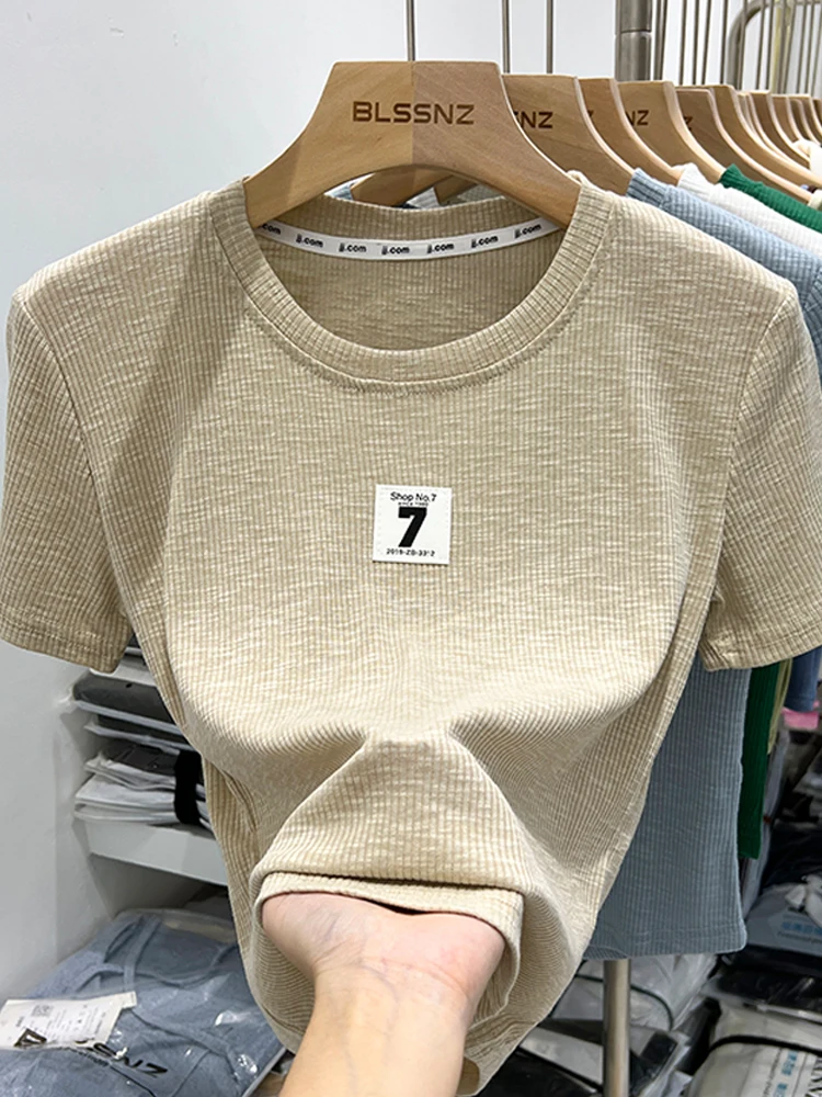 

2023 Summer New Fashion Round Neck Letter Print Short Sleeve T-shirt Women Casual Streetwear Style Slim Tees Top Female Clothes