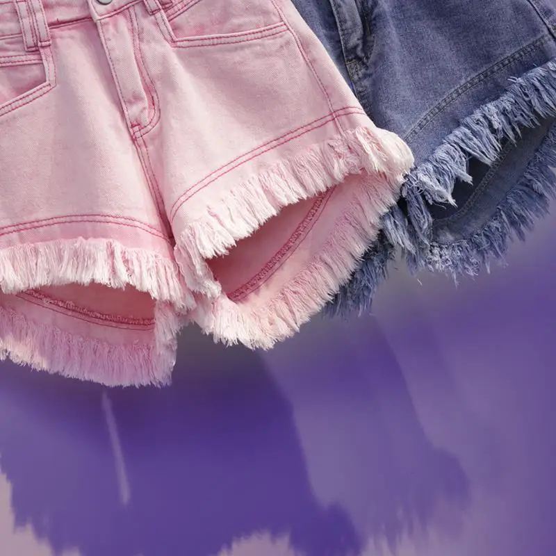 Large Size High Waist Denim Tassel Raw Edge Shorts Women'S Loose Wide-Leg Hot Pants Summer Fashion Korean Clothing 2023 New